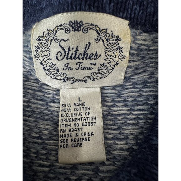 VTG Stitches In Time Womens L Blue White Granny Sweater Beaded Snowflake Holiday - Picture 11 of 13